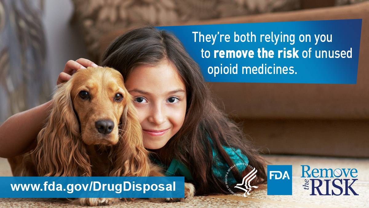 Graphic of dog and child stating "They're both relying on you to remove the risk of unused opioid medicines."